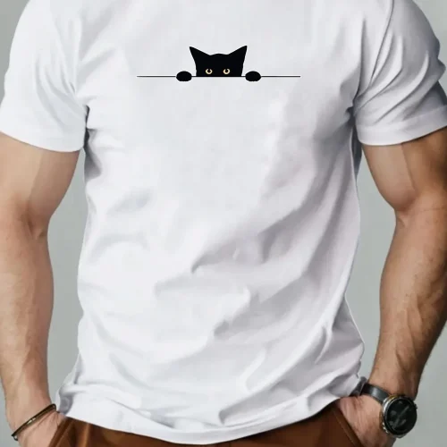 Cat Men T Shirt 100% Cotton Shy Kitten Cartoon Pattern Print Summer Round Neck Breathable Casual Short Sleeve Fashion T-Shirt