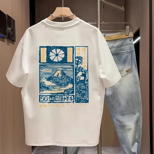 Men'S Cotton Casual Short Sleeve T-Shirt with Japanese Mount Fuji Cherry Blossoms Print Breathable Round Neck Summer Tee