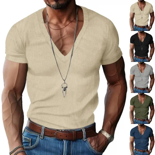 Amazon men's corduroy European and American summer men's V-neck solid color slim casual T-shirt